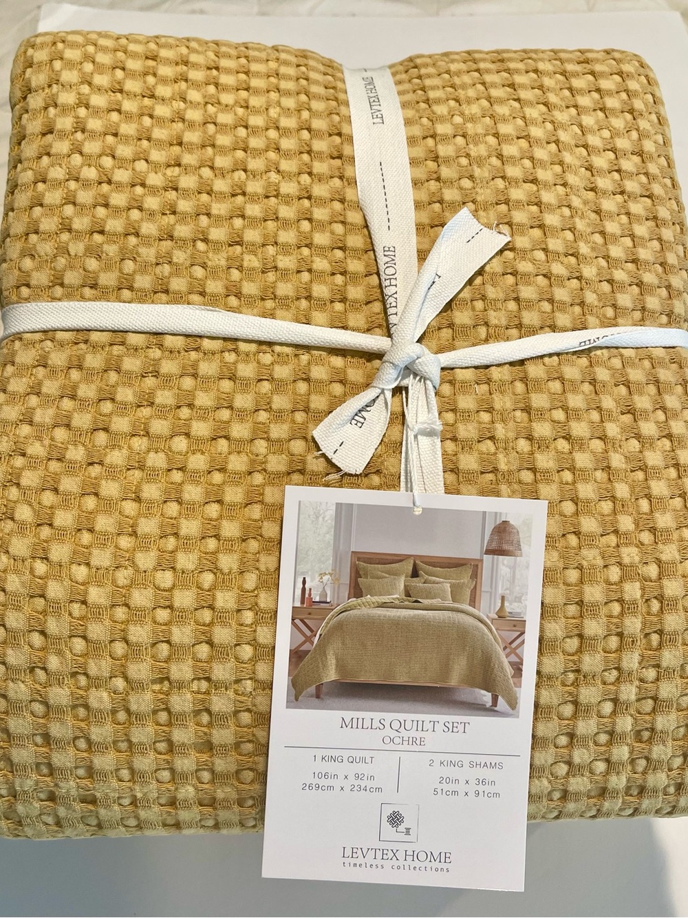Levtex Ochre Waffle King Quilt set - Warm Ochre Bedding